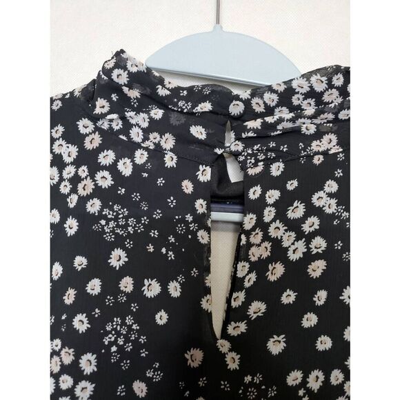 Karl Lagerfeld Paris Floral High Neck Key Hole Balloon Sleeve Semi Sheer Blouse - Picture 7 of 11